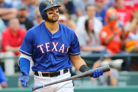 Joey Gallo #13 of the Texas Rangers reacts after striking out in the sixth inning against the Houston Astros at Globe Life Park in Arlington on April 1, 2018 in Arlington, Texas. (Photo by Rick Yeatts/Getty Images) *** Local Caption *** Joey Gallo