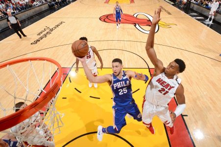 Ben Simmons #25 of the Philadelphia 76ers goes to the basket against the Miami Heat in Game Four of Round One of the 2018 NBA Playoffs on April 21, 2018 at American Airlines Arena in Miami, Florida. (Photo by Jesse D. Garrabrant/NBAE via Getty Images)