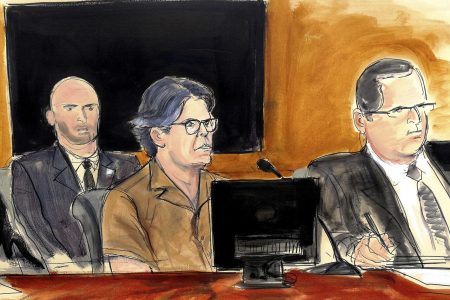 n this courtroom sketch Keith Raniere, second from right, leader of the secretive group NXIVM, attends a court hearing Friday, April 13, 2018, in the Brooklyn borough of New York. (Elizabeth Williams via AP)
