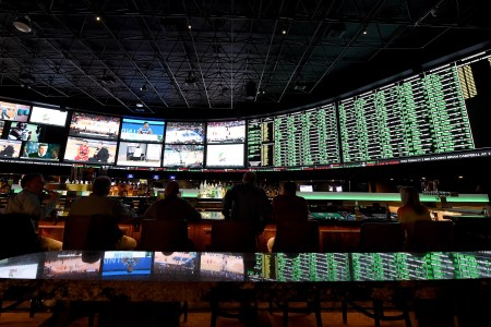 The betting line and some of the nearly 400 proposition bets for Super Bowl 50 between the Carolina Panthers and the Denver Broncos are displayed at the Race & Sports SuperBook at the Westgate Las Vegas Resort & Casino on February 2, 2016 in Las Vegas, Nevada. The newly renovated sports book has the world's largest indoor LED video wall with 4,488 square feet of HD video screens measuring 240 feet wide and 20 feet tall.  (Photo by Ethan Miller/Getty Images)