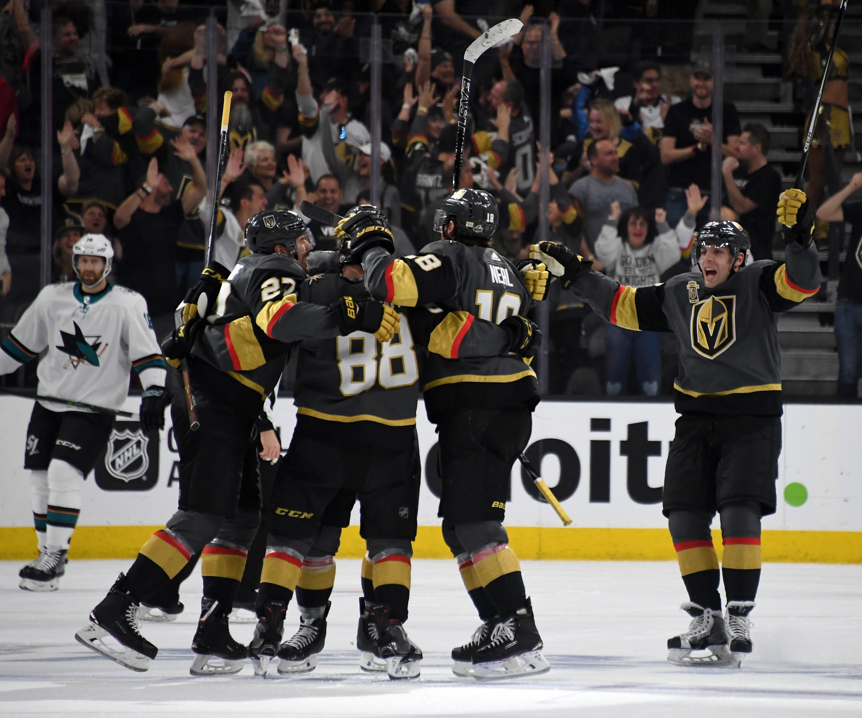 The Vegas Golden Knights celebrate a third-period goal by Nate Schmidt #88 in the third period of Game Two of the Western Conference Second Round during the 2018 NHL Stanley Cup Playoffs at T-Mobile Arena on April 28, 2018 in Las Vegas, Nevada.  (Photo by Ethan Miller/Getty Images)