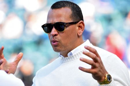 Former New York Yankee Alex Rodriguez, currently with ESPN for Sunday Night Baseball, looks on during batting practice before the game Los Angeles Angels of Anaheim at Angel Stadium on April 28, 2018 in Anaheim, California.  (Photo by Jayne Kamin-Oncea/Getty Images)