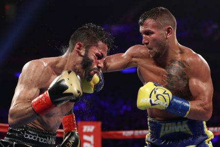 Vasiliy Lomachenko punches Jorge Linares during their WBA lightweight title fight at Madison Square Garden on May 12, 2018 in New York City.  (Photo by Al Bello/Getty Images)