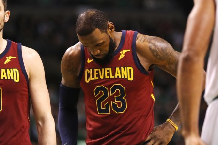 LeBron James #23 of the Cleveland Cavaliers reacts against the Boston Celtics during the first quarter in Game One of the Eastern Conference Finals of the 2018 NBA Playoffs at TD Garden on May 13, 2018 in Boston, Massachusetts.  (Photo by Maddie Meyer/Getty Images)