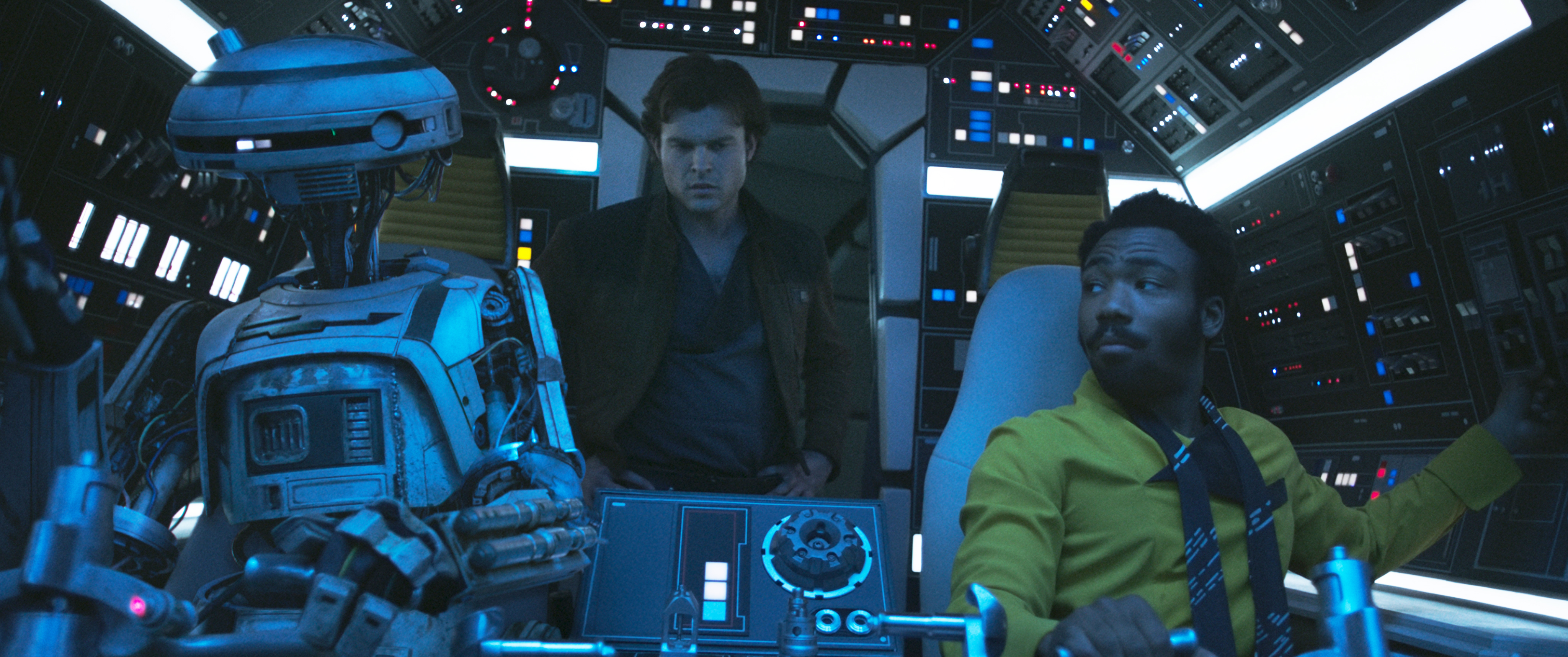 Alden Ehrenreich is Han Solo, Donal Glover is Lando Calrissian and Phoebe Waller-Bridge is L3-37 in SOLO: A STAR WARS STORY. LUCASFILM