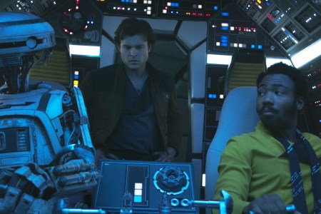 Alden Ehrenreich is Han Solo, Donal Glover is Lando Calrissian and Phoebe Waller-Bridge is L3-37 in SOLO: A STAR WARS STORY. LUCASFILM
