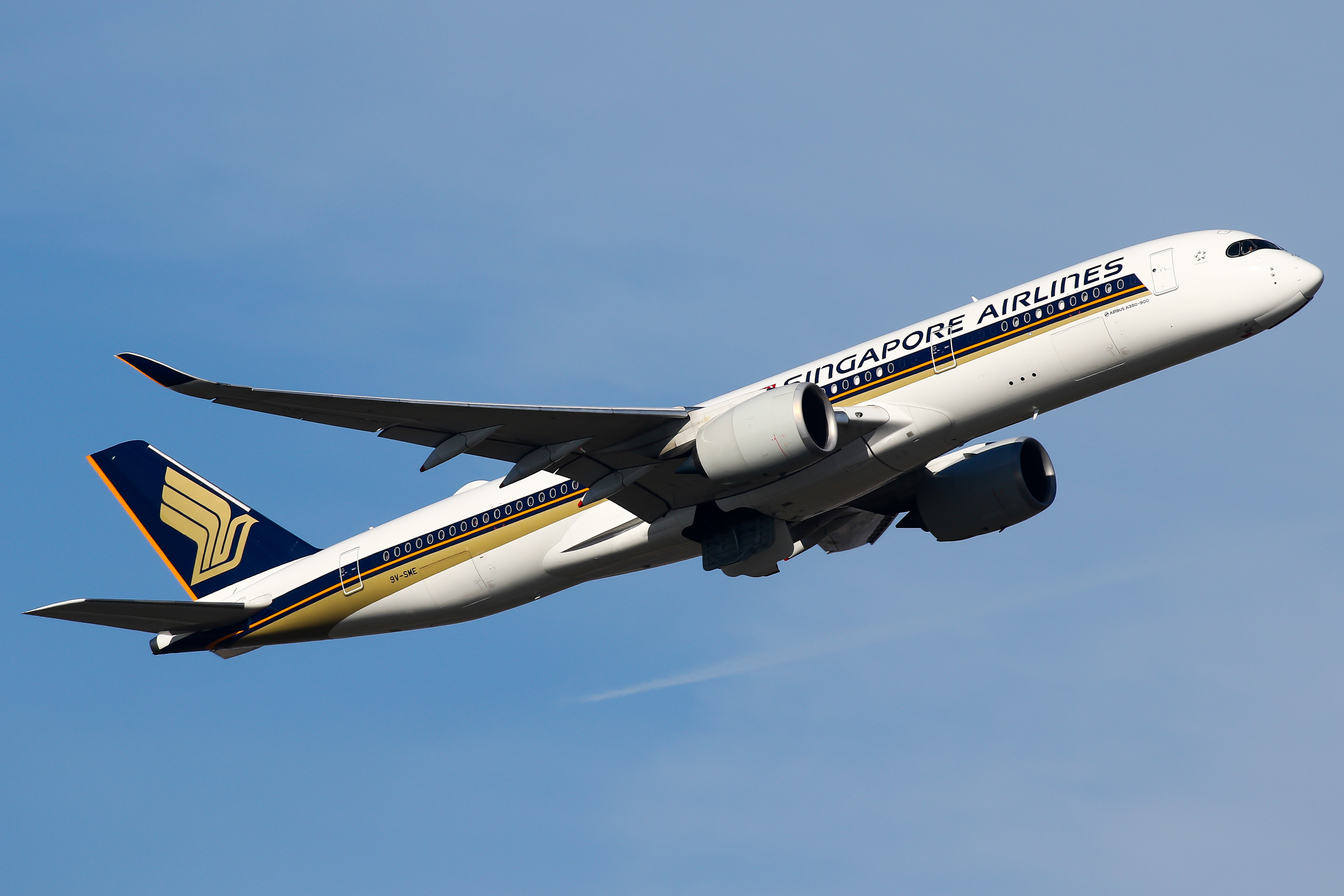 Singapore Airlines Airbus A350-900 climbing out of runway 27 for the long ride back to Singapore. (Photo by C. v. Grinsven/SOPA Images/LightRocket via Getty Images)