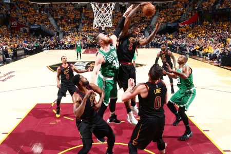 JR Smith #5 of the Cleveland Cavaliers grabs the rebound against the Boston Celtics in Game Three of the Eastern Conference Finals of the 2018 NBA Playoffs on May 19, 2018 at Quicken Loans Arena in Cleveland, Ohio. (Photo by Nathaniel S. Butler/NBAE via Getty Images)