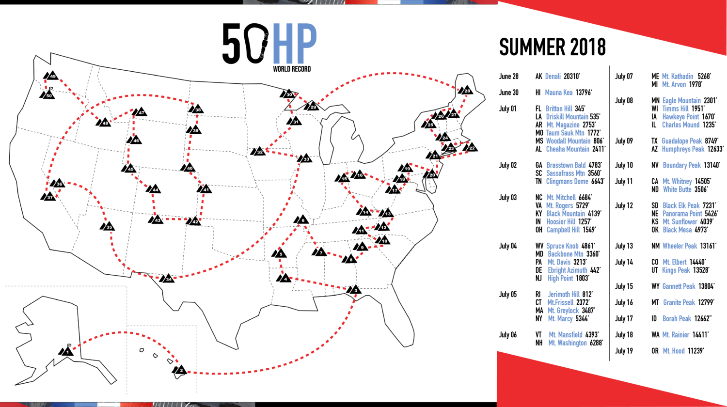 Climber Colin O'Brady's proposed route for the 50-state high point challenge. (Via www.colinobrady.com/50hp)