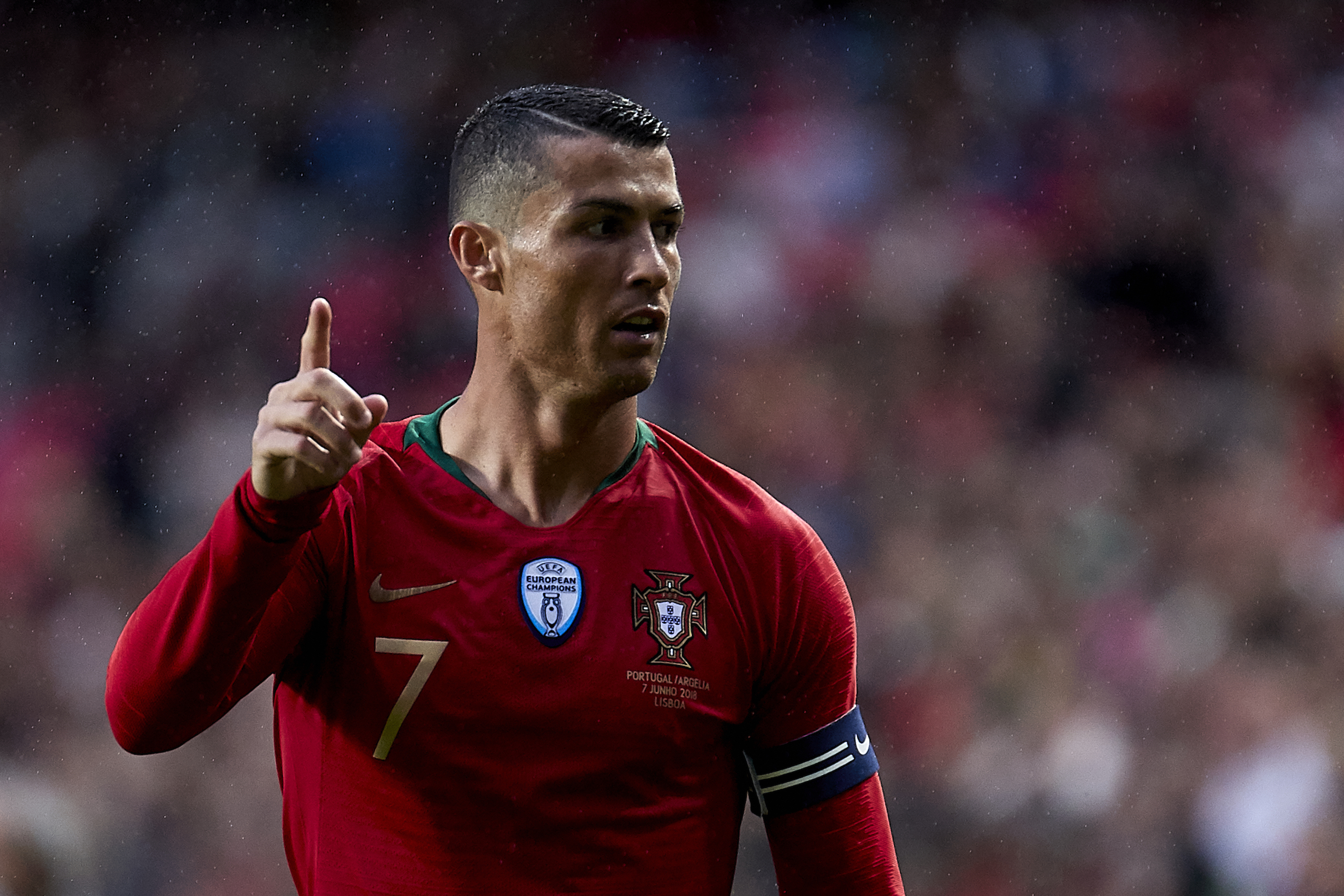 Cristiano Ronaldo of Portugal reacts during the friendly match of preparation for FIFA 2018 World Cup between Portugal and Algeria at the Estadio do Sport Lisboa e Benfica on June 7, 2018 in Lisboa, Portugal.  (Photo by Quality Sport Images/Getty Images)
