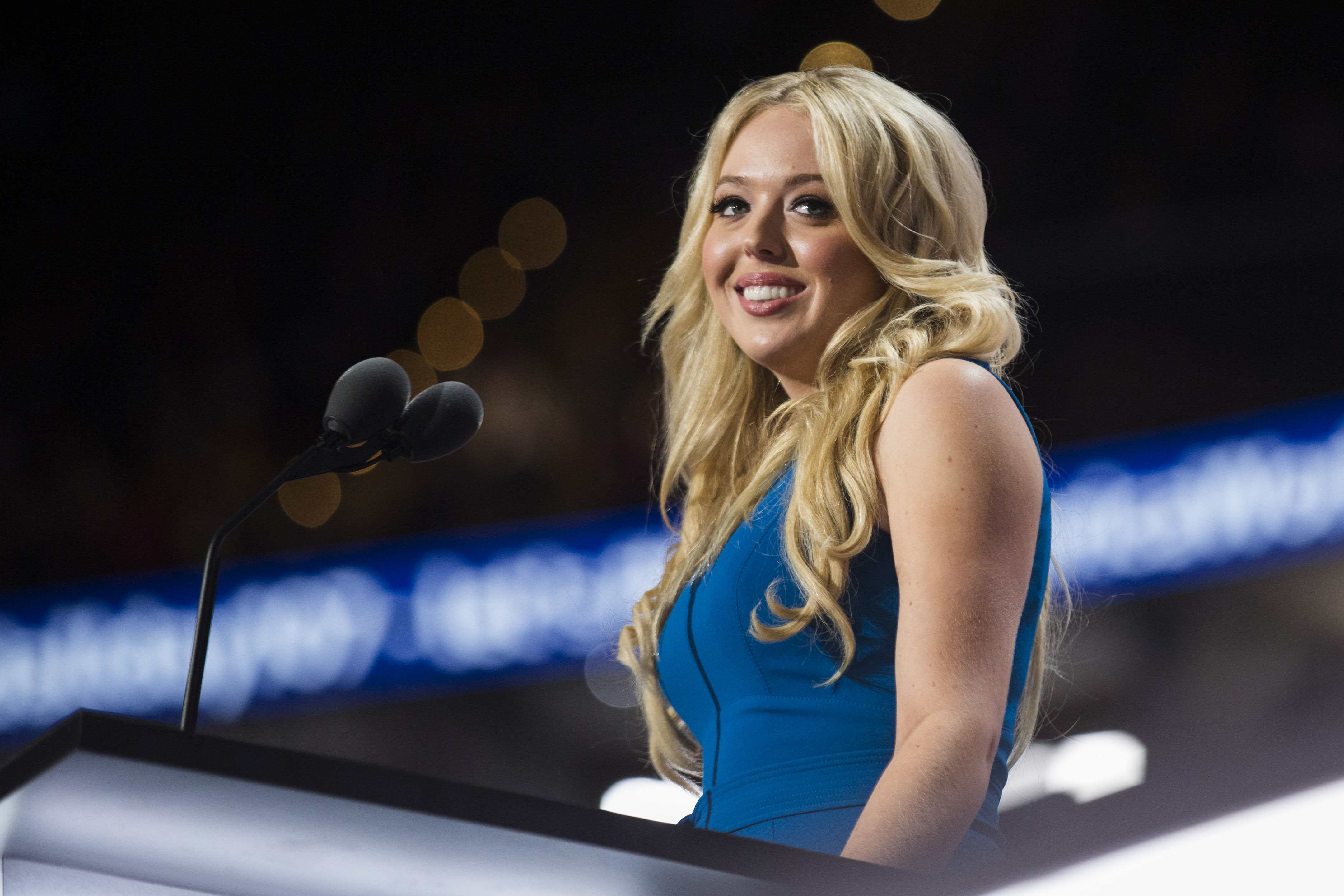 Tiffany Trump,  daughter of then nominee Donald Trump,  speaks at the Republican Convention, July 19, 2016 at the Quicken Loans Arena in Cleveland, Ohio. (Photo by Brooks Kraft/ Getty Images)