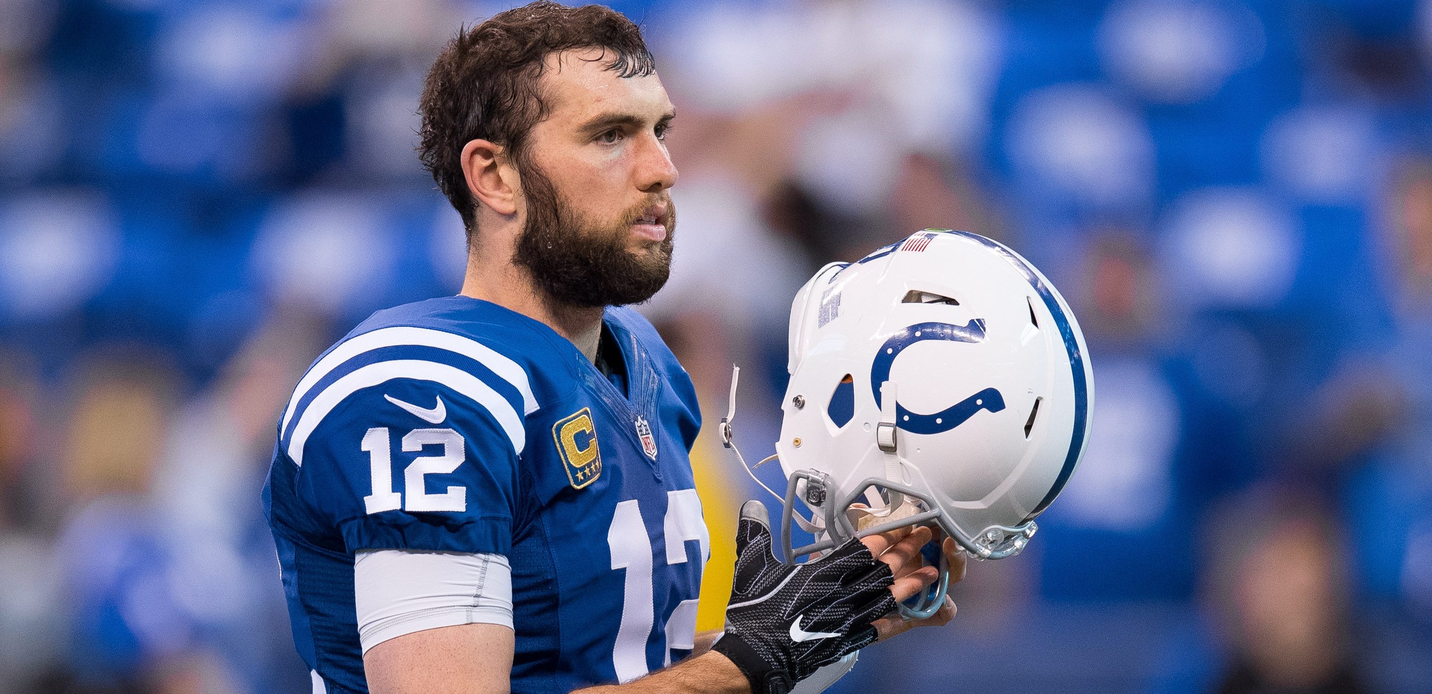Indianapolis Colts quarterback Andrew Luck (12) on the field before the NFL game between the Jacksonville Jaguars and Indianapolis Colts on January 1, 2017, at Lucas Oil Stadium in Indianapolis, IN.  (Photo by Zach Bolinger/Icon Sportswire via Getty Images)
