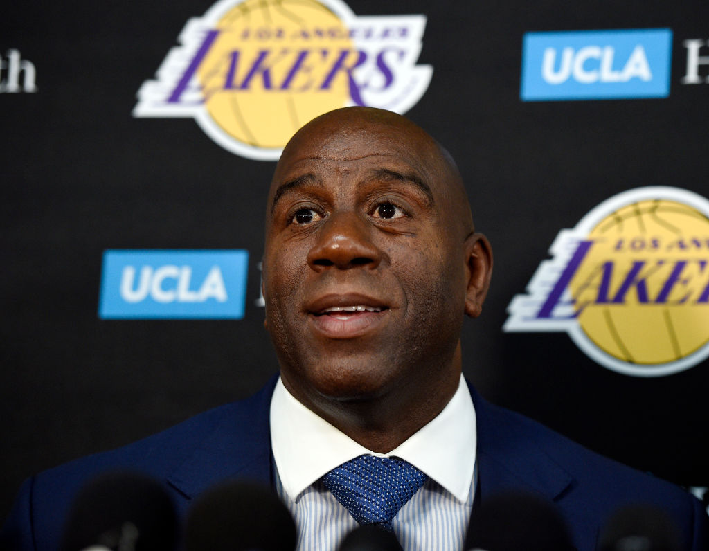 Earvin 'Magic' Johnson, president of basketball operations of the Los Angeles Lakers, speaks during media day September 25, 2017, in El Segundo, California. (Photo by Kevork Djansezian/Getty Images)