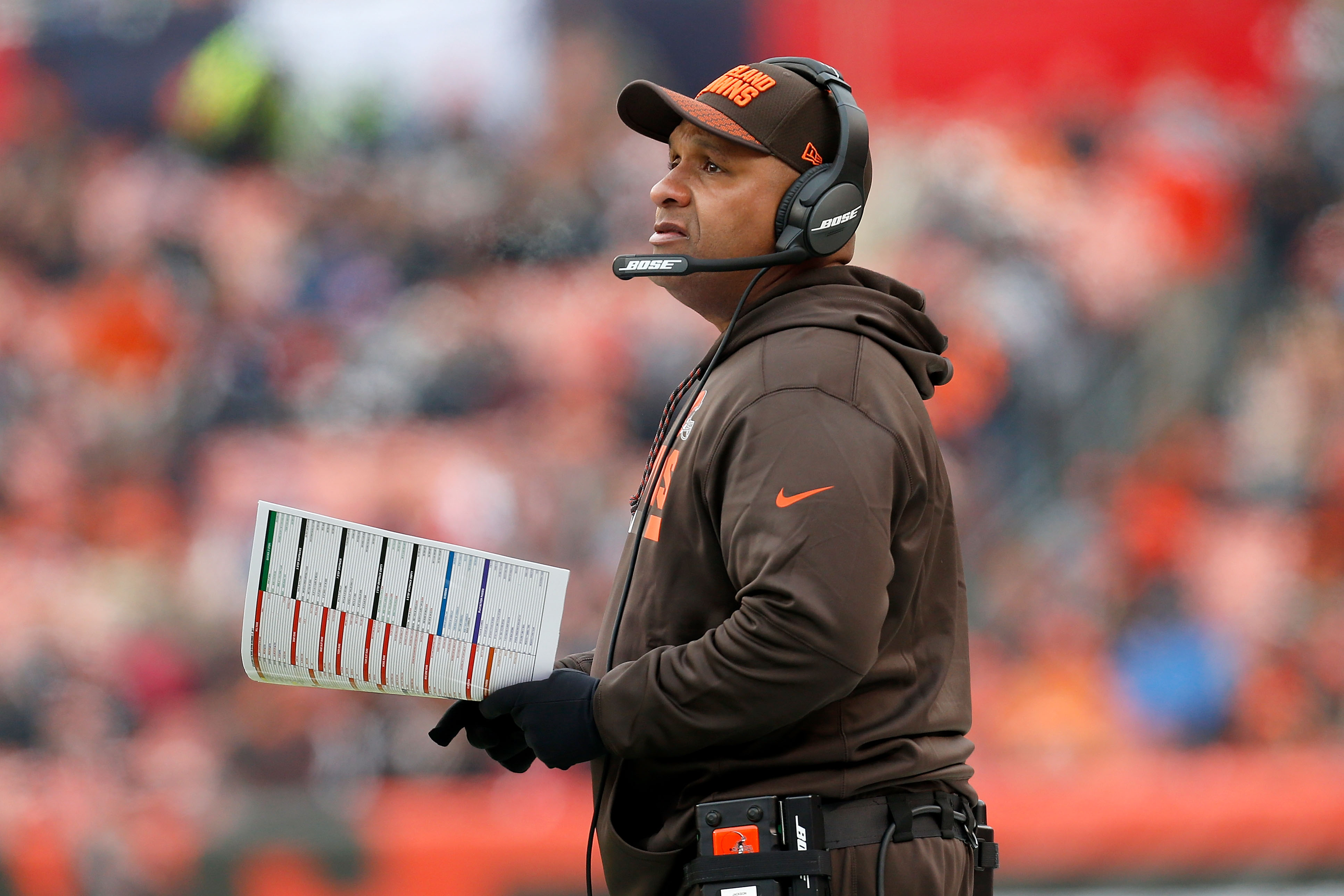 Head coach Hue Jackson of the Cleveland Browns watches as his team takes on the Baltimore Ravens at FirstEnergy Stadium on December 17, 2017 in Cleveland, Ohio. Baltimore defeated Cleveland 27-10. (Photo by Kirk Irwin/Getty Images)  