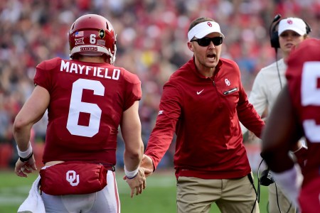 Baker Mayfield #6 of the Oklahoma Sooners shakes hands with head coach Lincoln Riley during the 2018 College Football Playoff Semifinal Game against the Georgia Bulldogs at the Rose Bowl Game presented by Northwestern Mutual at the Rose Bowl on January 1, 2018 in Pasadena, California.  (Photo by Harry How/Getty Images)