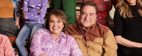 ABC's "Roseanne" stars Ames McNamara as Mark, Sara Gilbert as Darlene Conner, Laurie Metcalf as Jackie Harris, Emma Kenney as Harris Conner, Jayden Rey as Mary, Roseanne Barr as Roseanne Conner, Michael Fishman as D.J. Conner, John Goodman as Dan Conner, Lecy Goranson as Becky Conner, and Sarah Chalke as Andrea. (Robert Trachtenberg/ABC via Getty Images)