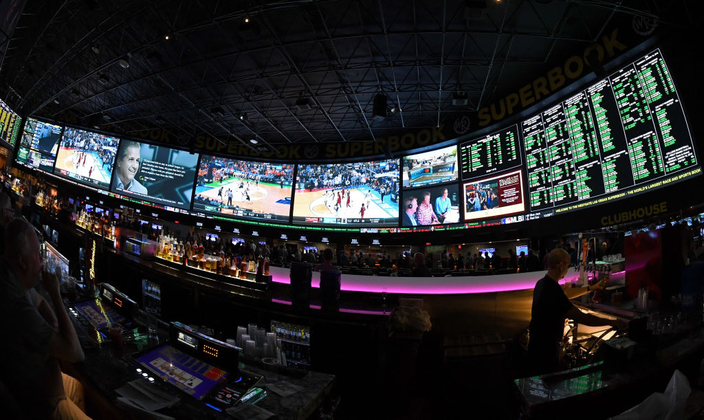 Guests attend a viewing party for the NCAA Men's College Basketball Tournament inside the 25,000-square-foot Race & Sports SuperBook at the Westgate Las Vegas Resort & Casino which features 4,488-square-feet of HD video screens on March 15, 2018 in Las Vegas, Nevada.  (Photo by Ethan Miller/Getty Images)