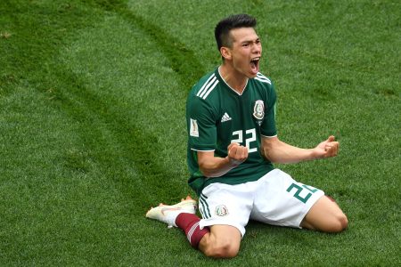 Hirving Lozano of Mexico celebrates by sliding on his knees after scoring his team's first goal during the 2018 FIFA World Cup Russia group F match between Germany and Mexico at Luzhniki Stadium on June 17, 2018 in Moscow, Russia.  (Matthias Hangst/Getty Images)