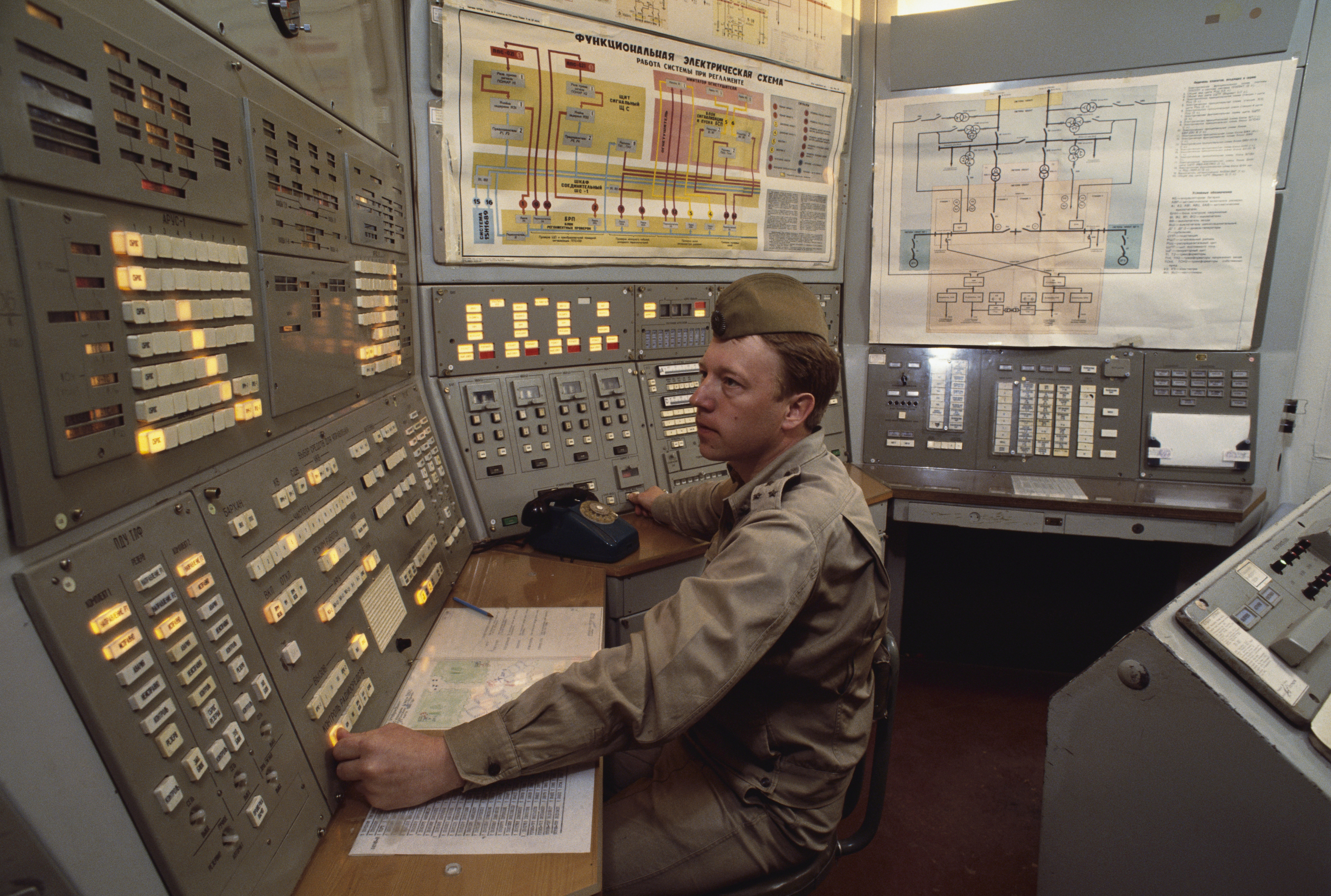 Control room at nuclear missile base, outside of Moscow. (Robert Wallis/Corbis via Getty Images)