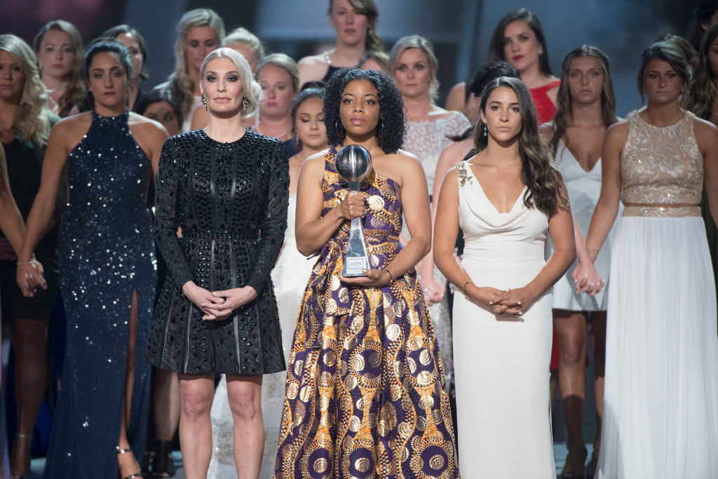 THE 2018 ESPYS - This Wednesday, the worlds best athletes and biggest stars will join host Danica Patrick for "The 2018 ESPYS Presented by Capital One" on ABC. The star-studded evening celebrates the best moments from the year in sports and will air live on ABC, July 18 from 8:00-11:00 p.m. EDT, from the Microsoft Theater in Los Angeles. (Image Group LA via Getty Images)
THE ARTHUR ASHE AWARD FOR COURAGE RECIPIENTS, SARAH KLEIN, TIFFANY THOMAS LOPEZ, ALY RAISMAN