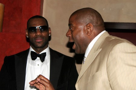 Lebron James and Earvin Magic Johnson during 2007 NBA All-Star in Las Vegas -  Jay Z and Lebron James' First Annual Two Kings Dinner and Party at TAO at TAO in The Venetian in Las Vegas, NV, United States. (Johnny Nunez/WireImage for Anheuser-Busch)