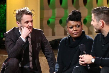 Chris Hardwick, actress Yvette Nicole Brown and superfan Greg speak onstage during AMC presents "Talking Dead Live" for the premiere of "The Walking Dead" at Hollywood Forever on October 23, 2016 in Hollywood, California.  (Photo by Joe Scarnici/Getty Images for AMC)