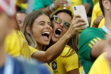 Carolina Cabrino, wife of Marquinhos of Brazil and Izabel Goulart, Brazilian top model (girlfriend of goalkeeper of Germany Kevin Trapp) during the 2018 FIFA World Cup Russia group E match between Serbia and Brazil at Spartak Stadium on June 27, 2018 in Moscow, Russia. (Jean Catuffe/Getty Images)