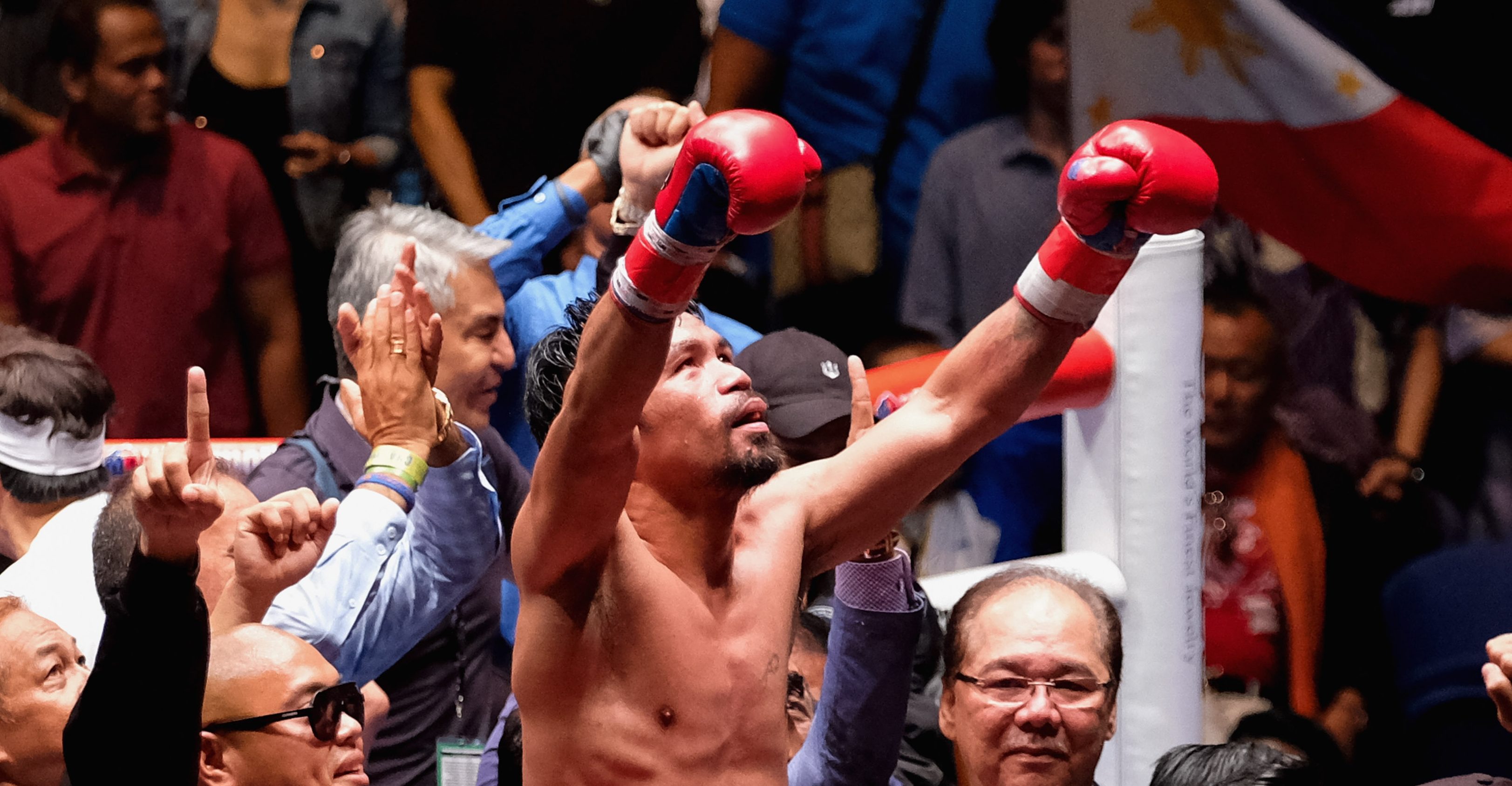 KUALA LUMPUR, MALAYSIA - JULY 15:  Philippine's Manny Pacquiao celebrated after winning fight with Argentina's Lucas Matthysse  during their World welterweight boxing championship title bout in Kuala Lumpur, Malaysia on July 15, 2018. (Photo by Mohd Samsul Mohd Said/Getty Images)