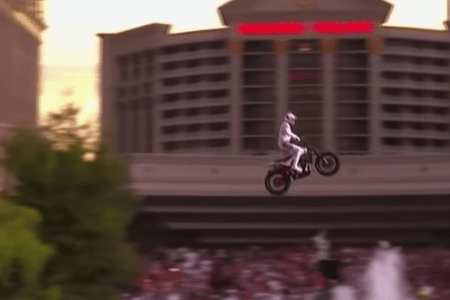 Travis Pastrana jumps the fountains at Caesars Palace on Sunday. (HISTORY/YouTube)