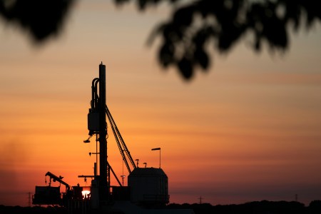 Sunset in New Preston Road, Cuadrilla's highly contested  fracking site in Lancashire. The drilling is almost done and Cuadrilla is almost ready to extract the shale gas. Fracking is a highly controversial way of extracting fossil fuels. (photo by Kristian Buus/In Pictures via Getty Images)