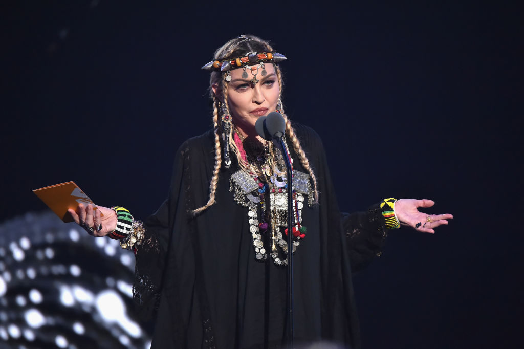 Madonna speaks onstage during the 2018 MTV Video Music Awards at Radio City Music Hall on August 20, 2018 in New York City.  (Photo by Kevin Mazur/WireImage)