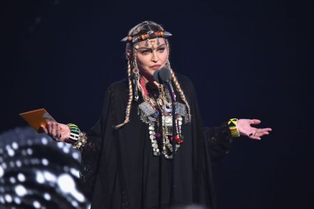 Madonna speaks onstage during the 2018 MTV Video Music Awards at Radio City Music Hall on August 20, 2018 in New York City.  (Photo by Kevin Mazur/WireImage)