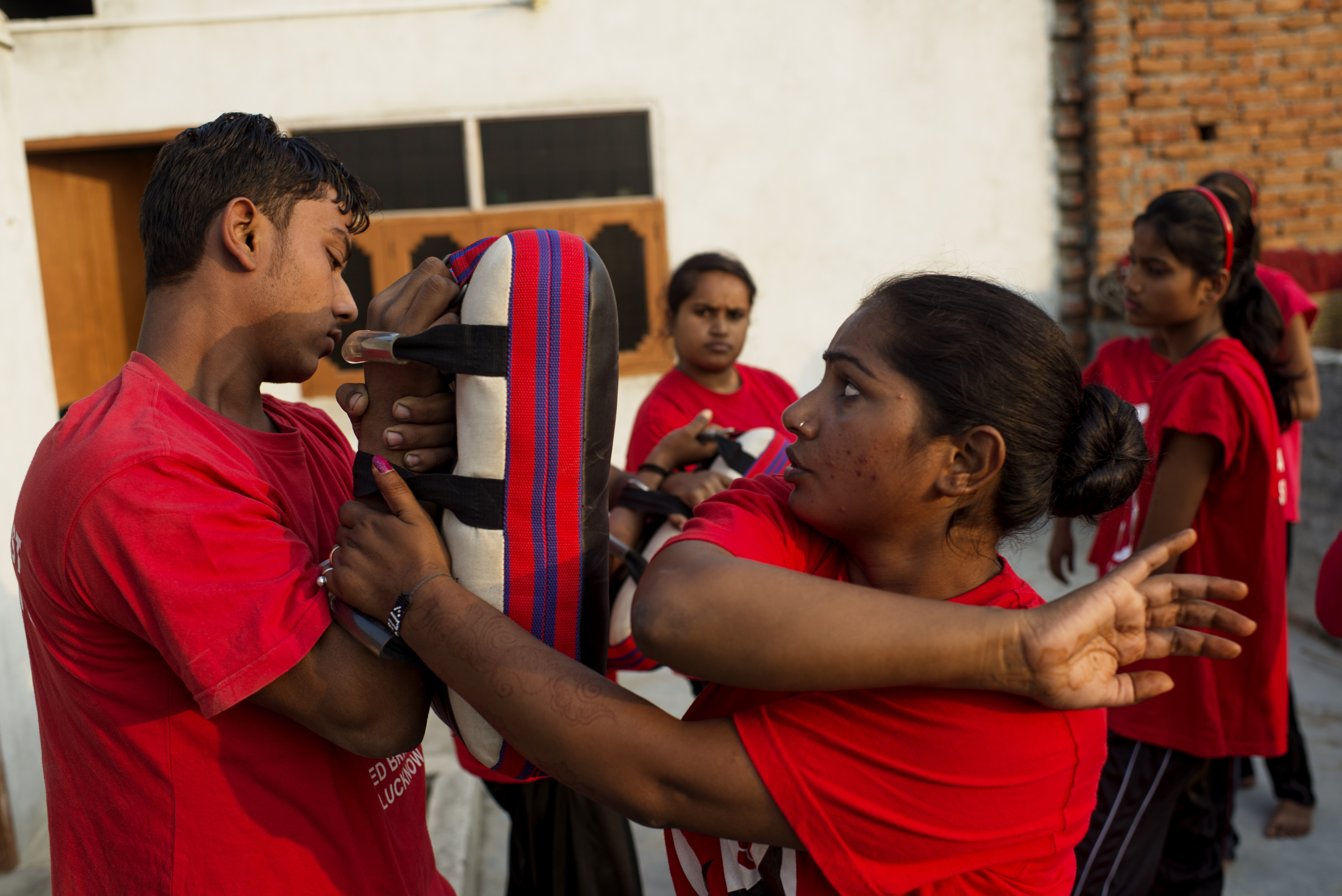 Usha, the 26 year old leader of the grassroots Red Brigade, teaches the art of self-defense to other members of the Red Brigade.  (Jonas Gratzer/LightRocket via Getty Images)