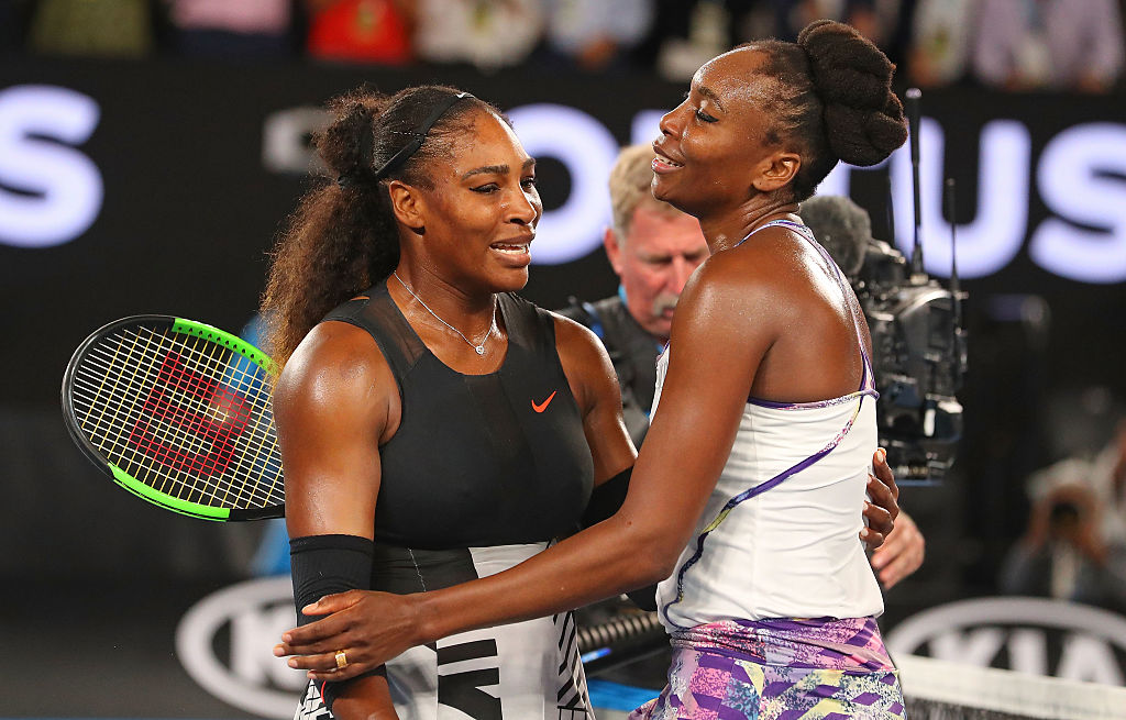 MELBOURNE, AUSTRALIA - JANUARY 28:  Serena Williams of the United States is congratulated by Venus Williams of the United States after winning the Women's Singles Final match against on day 13 of the 2017 Australian Open at Melbourne Park on January 28, 2017 in Melbourne, Australia.  (Photo by Scott Barbour/Getty Images)
