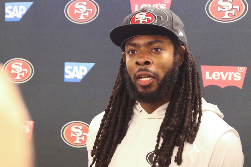 SANTA CLARA, CA - JUNE 12: San Francisco 49ers Cornerback Richard Sherman (25) fields questions from reports before minicamp on June 12, 2018 at the SAP Performance Facility in Santa Clara, CA. (Photo by Corey Silvia/Icon Sportswire via Getty Images)