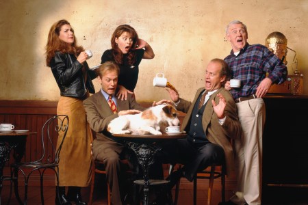 Peri Gilpin as Roz Doyle, David Hyde Pierce as Dr. Niles Crane, Jane Leeves as Daphne Moon, Moose as Eddie, Kelsey Grammer as Dr. Frasier Crane, John Mahoney as Martin Crane    -- Photo by: Andrew Eccles/NBCU Photo Bank