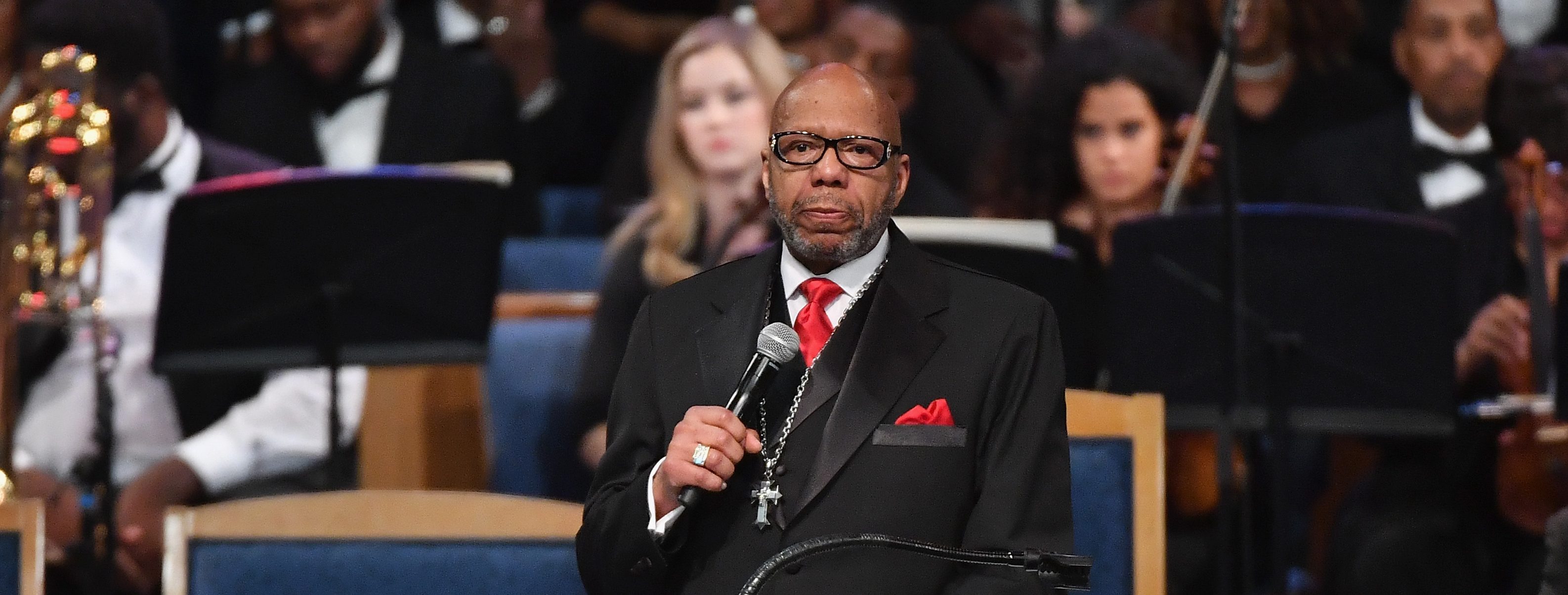 Rev. Jasper Williams Jr. gives eulogy at Aretha Franklin's funeral at Greater Grace Temple on August 31, 2018 in Detroit, Michigan. (Photo by Angela Weiss / AFP)      