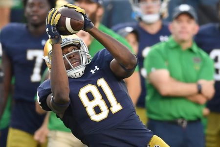 Notre Dame Fighting Irish wide receiver Miles Boykin (81) beats Michigan Wolverines defensive back Lavert Hill (24) to catch the football on September 1, 2018 at Notre Dame Stadium, in South Bend, Indiana. (Photo by Robin Alam/Icon Sportswire via Getty Images)