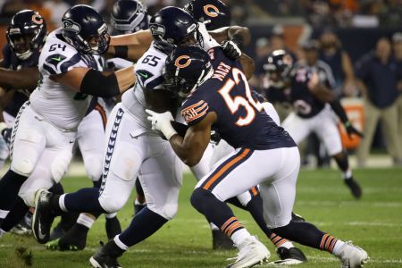 CHICAGO, IL - SEPTEMBER 17: Khalil Mack #52 of the Chicago Bears runs against Germain Ifedi #65 of the Seattle Seahawks in the first quarter at Soldier Field on September 17, 2018 in Chicago, Illinois. (Photo by Jonathan Daniel/Getty Images)
