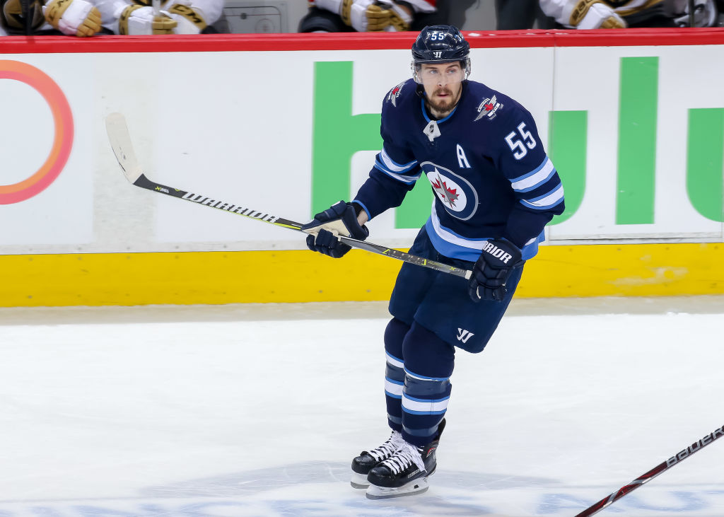 WINNIPEG, MB - MAY 20: Mark Scheifele #55 of the Winnipeg Jets keeps an eye on the play during second period action against the Vegas Golden Knights in Game Five of the Western Conference Final during the 2018 NHL Stanley Cup Playoffs. (Photo by Jonathan Kozub/NHLI via Getty Images)