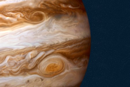 Jupiter, The largest planet in the solar system is 1,400 times the size of Earth, and its mass is 2.5 times that of all of the other planets combined. Jupiter could almost have become a star, since its elements are similar to the SunÍs: 90% hydrogen and 10% helium, with traces of methane, water, ammonia, and rocky dust. (Photo by: QAI Publishing/UIG via Getty Images)