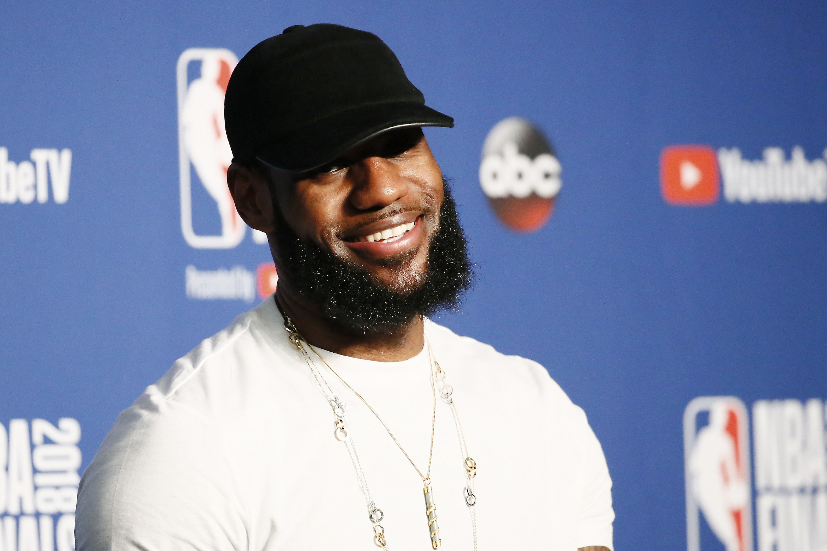 LeBron James #23 of the Cleveland Cavaliers talks to the media after being defeated by the Golden State Warriors in Game Four of the 2018 NBA Finals won 108-85 by the Golden State Warriors over the Cleveland Cavaliers at the Quicken Loans Arena on June 6, 2018 in Cleveland, Ohio. Copyright 2018 NBAE (Photo by Chris Elise/NBAE via Getty Images)