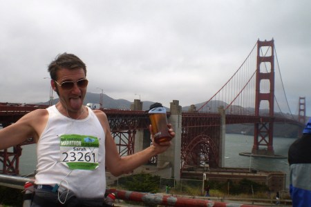 Drunken half marathon runner Joe Kukura approaching the Golden Gate Bridge during the San Francisco Half Marathon where he consumed 13 beers in 13.1 miles on July 31, 2010 in San Francisco, California. The beer mile has recently become a pursuit for serious runners. (Photo by Barcroft USA / Getty Images)