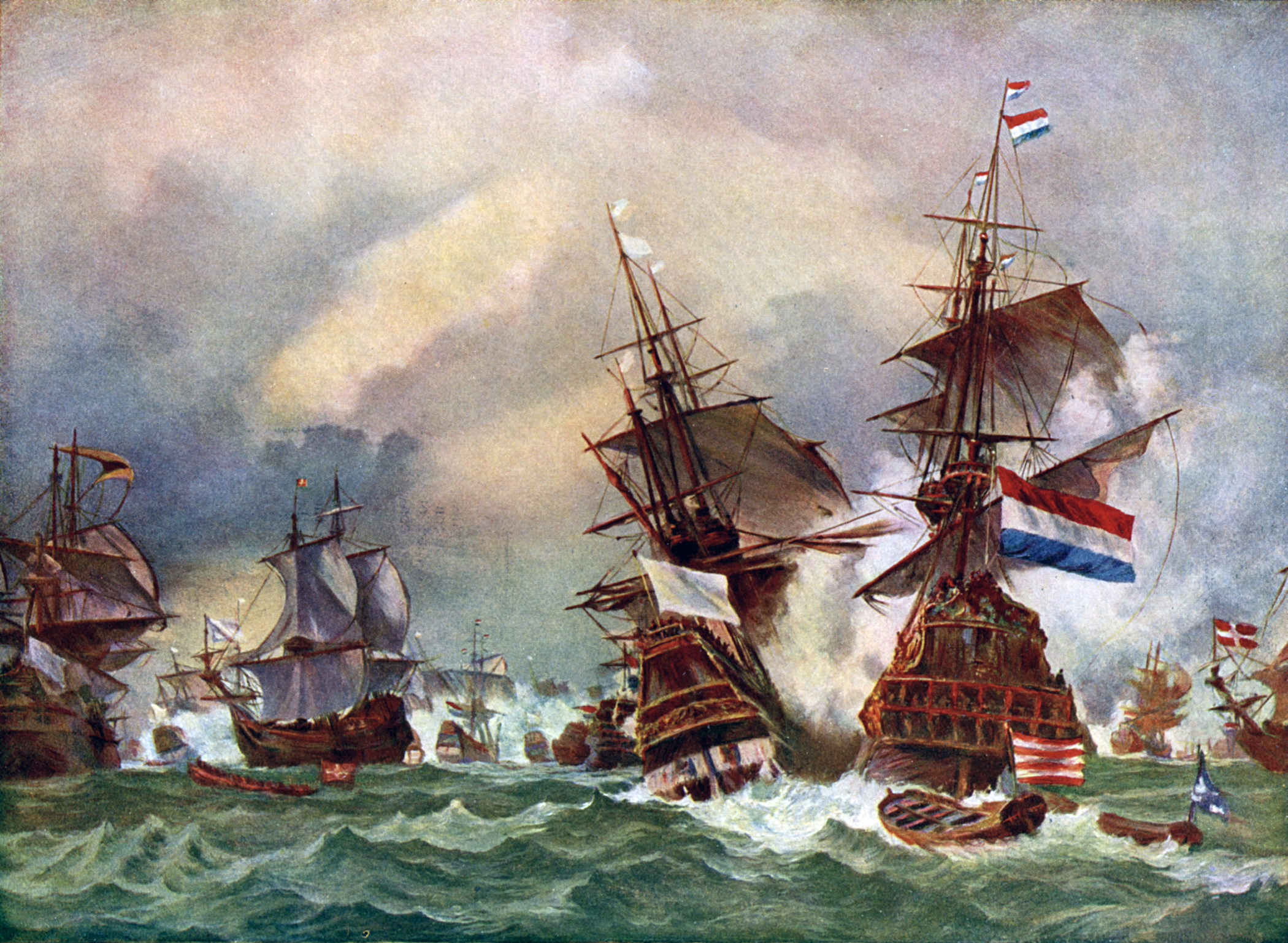The Battle of Texel, 1673 (c1920). In 1653, the Dutch admiral Maarten Tromp was killed in a battle with the English navy off the coast of Texel, Holland. Illustration from Story of the British Nation, volume III, by Walter Hutchinson (London, c1920s). The term "going Dutch" has its origins in contentious 17th Century British-Dutch relations. (Photo by The Print Collector/Print Collector/Getty Images)
