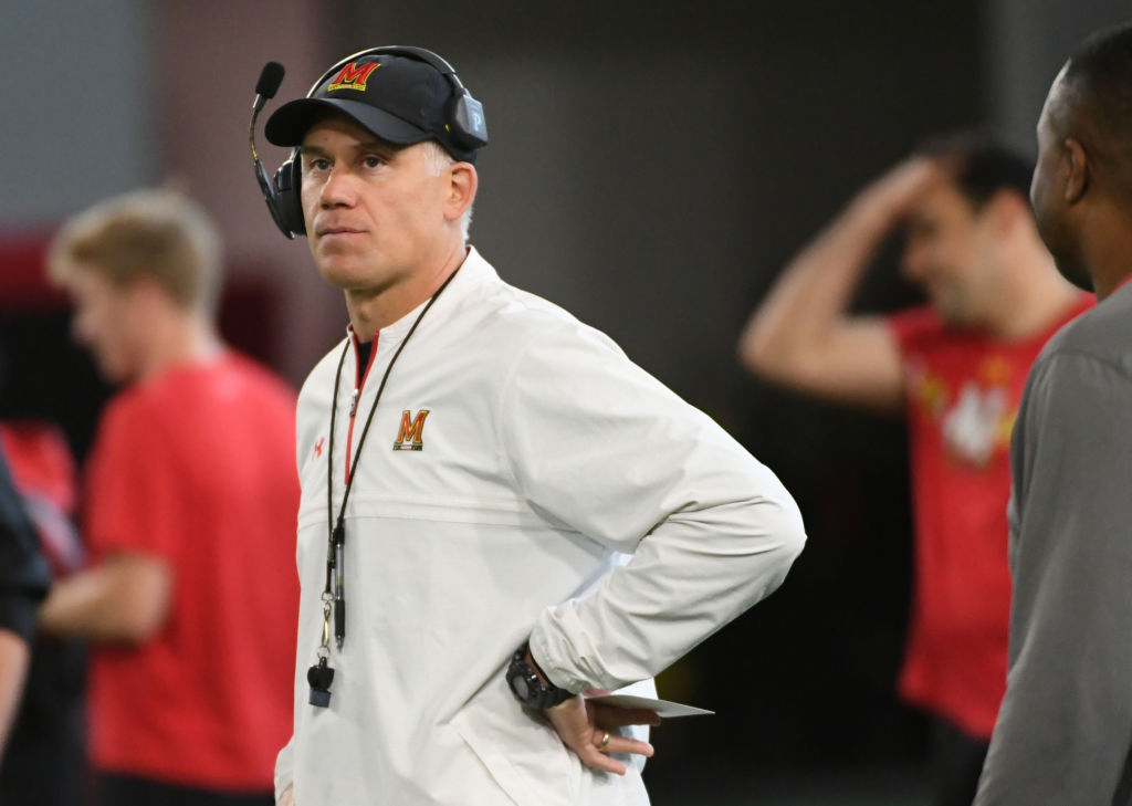 Maryland head coach DJ Durkin looks on during spring football practice. (Photo by Jonathan Newton/The Washington Post via Getty Images)