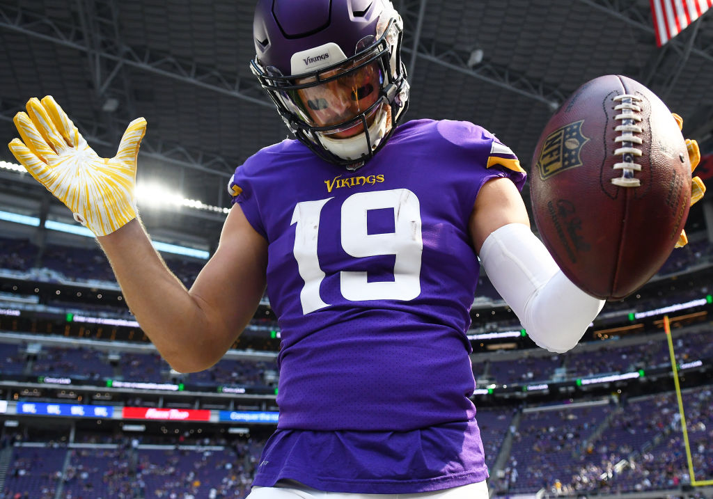 Minnesota Vikings Wide Receiver Adam Thielen (19) warms up before a NFL game between the Minnesota Vikings and Buffalo Bills on September 23, 2018 at U.S. Bank Stadium in Minneapolis, Minnesota.(Photo by Nick Wosika/Icon Sportswire via Getty Images)