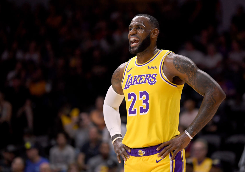 SAN DIEGO, CA - SEPTEMBER 30:  LeBron James #23 of the Los Angeles reacts during a preseason game against the Denver Nuggets at Valley View Casino Center on September 30, 2018 in San Diego, California.  (Photo by Harry How/Getty Images)