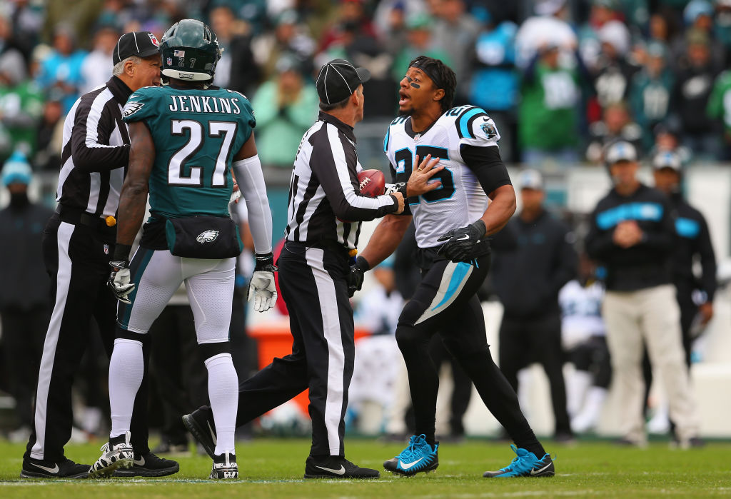 Strong safety Eric Reid #25 of the Carolina Panthers gets in the face of strong safety Malcolm Jenkins #27 of the Philadelphia Eagles prior to the start of the first quarter at Lincoln Financial Field on October 21, 2018 in Philadelphia, Pennsylvania.  (Photo by Mitchell Leff/Getty Images)