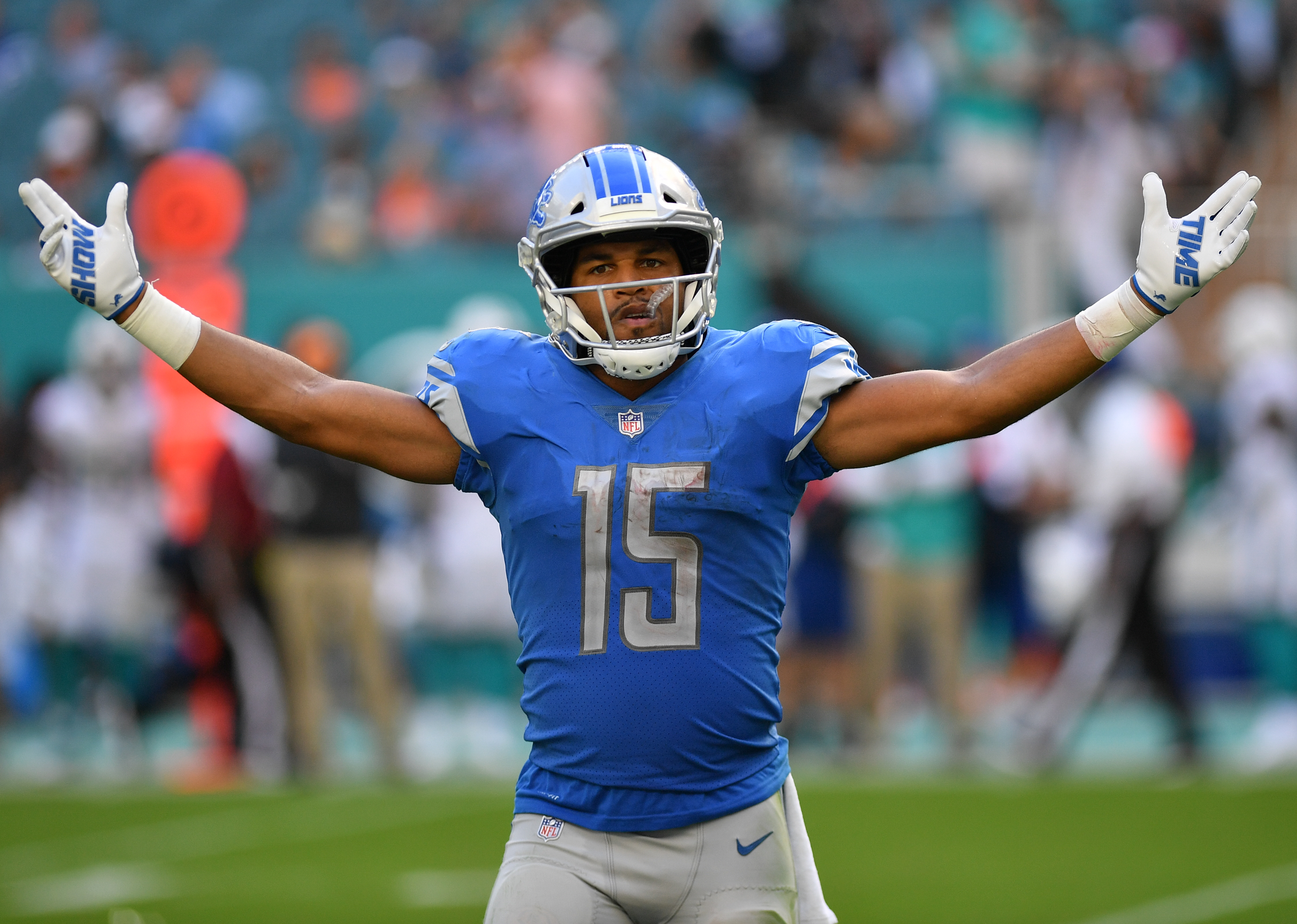 Golden Tate #15 of the Detroit Lions celebrates in the fourth quarter against the Miami Dolphins at Hard Rock Stadium on October 21, 2018 in Miami, Florida. (Photo by Mark Brown/Getty Images)