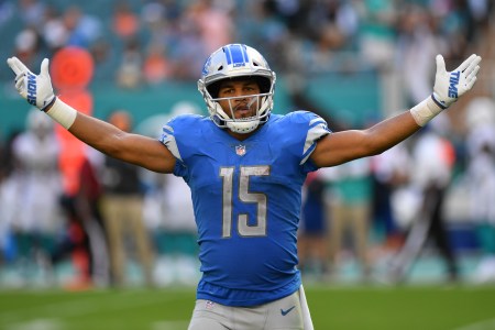 Golden Tate #15 of the Detroit Lions celebrates in the fourth quarter against the Miami Dolphins at Hard Rock Stadium on October 21, 2018 in Miami, Florida. (Photo by Mark Brown/Getty Images)